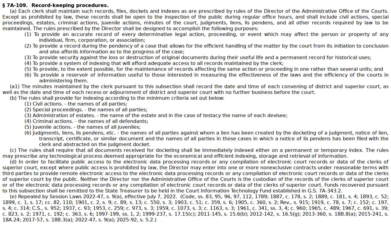 Craven County case search clerk record and docket duty statute