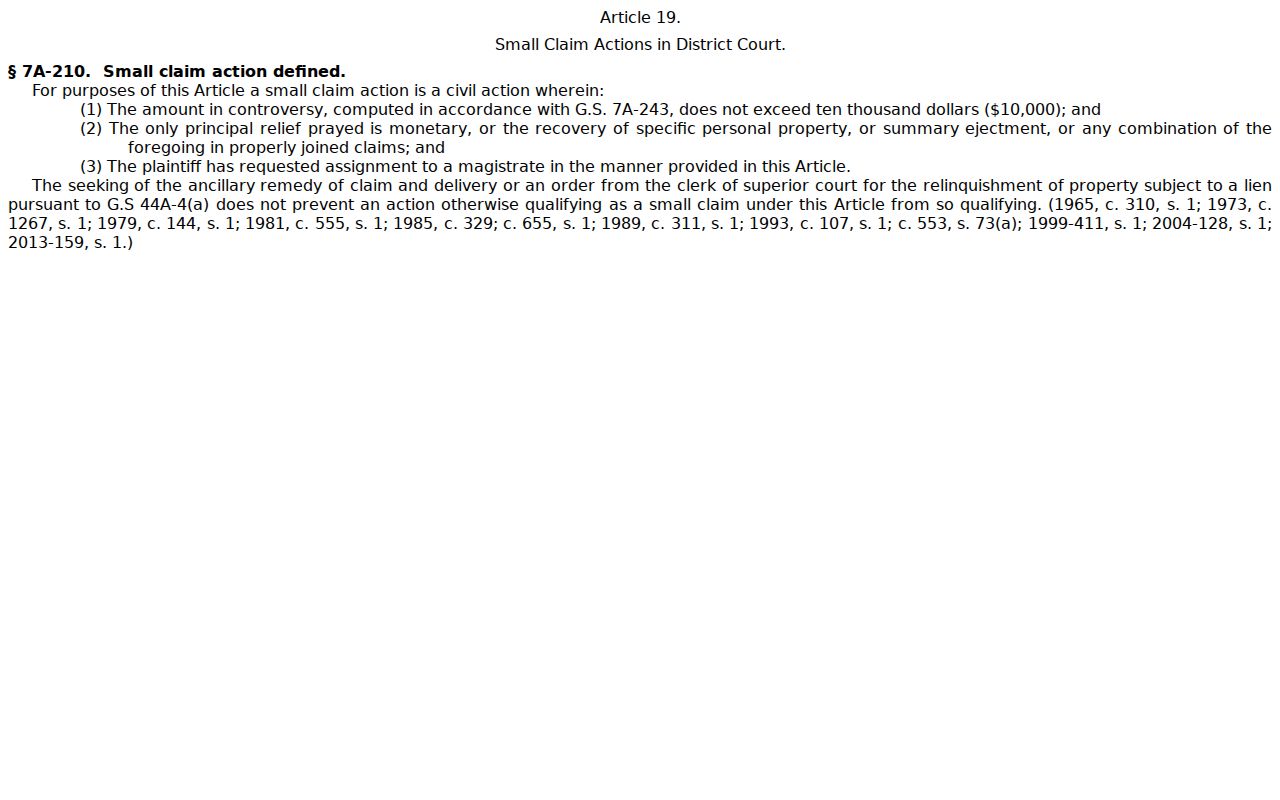 Craven County civil docket small claims jurisdiction statute