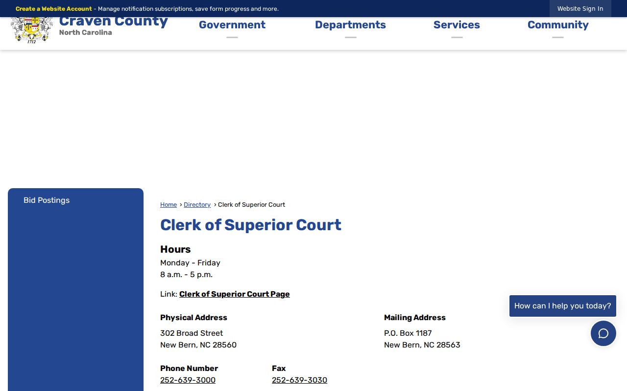 Craven County court calendar clerk directory for court-setting confirmation
