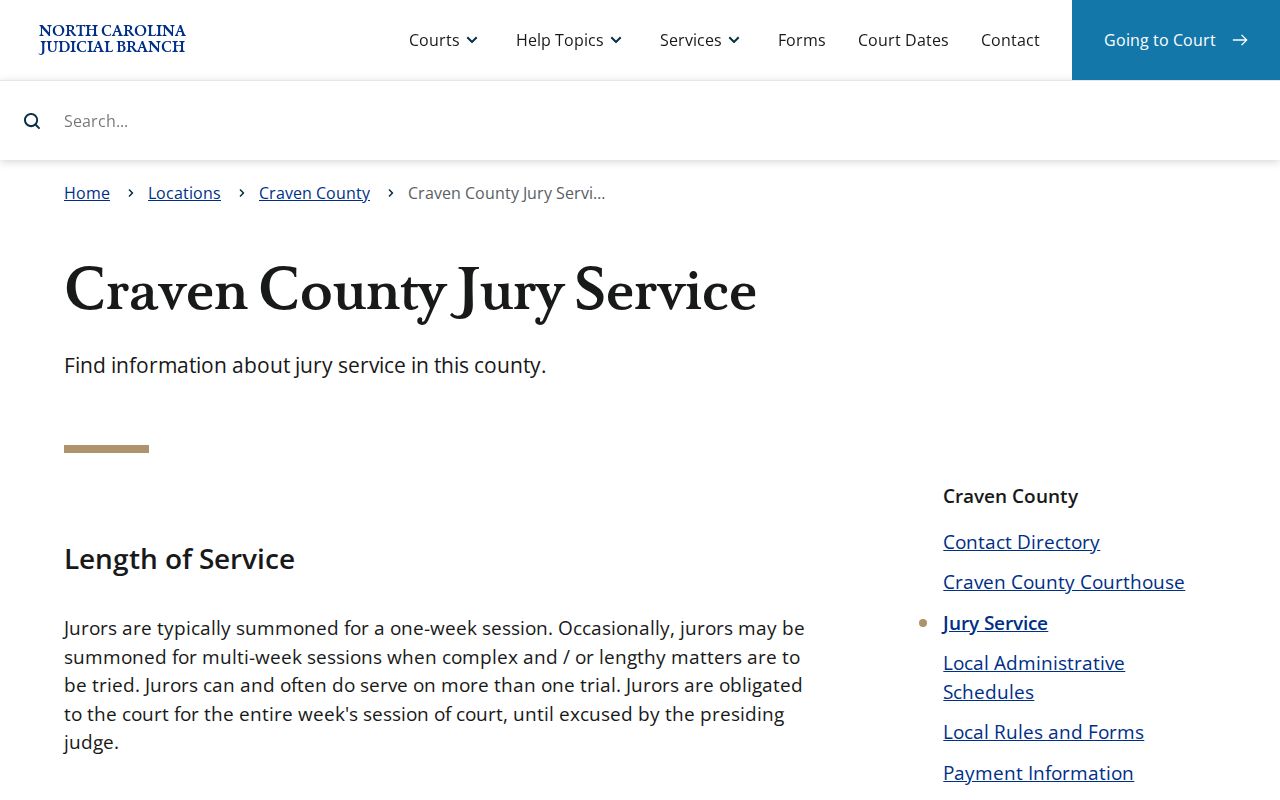 Craven County court calendar jury service and courthouse session guidance