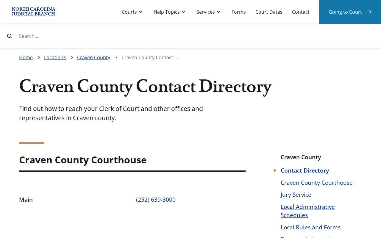 Craven County criminal docket clerk and court contact directory