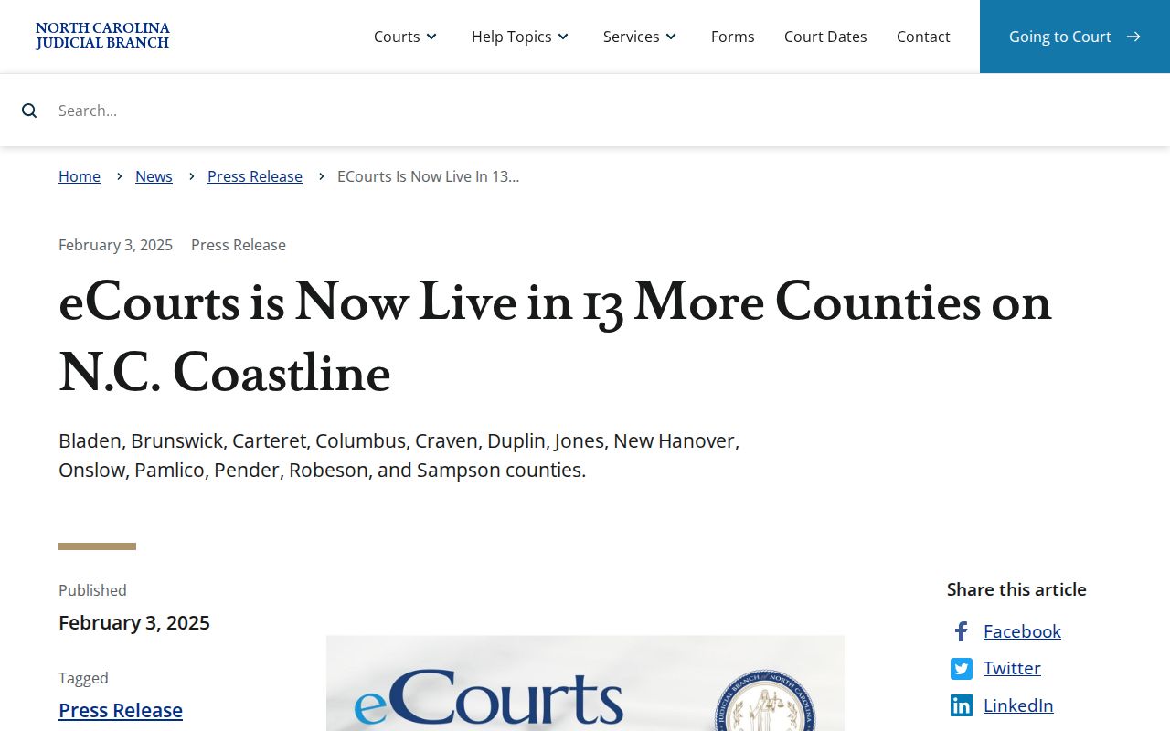 Craven County criminal docket eCourts go-live announcement