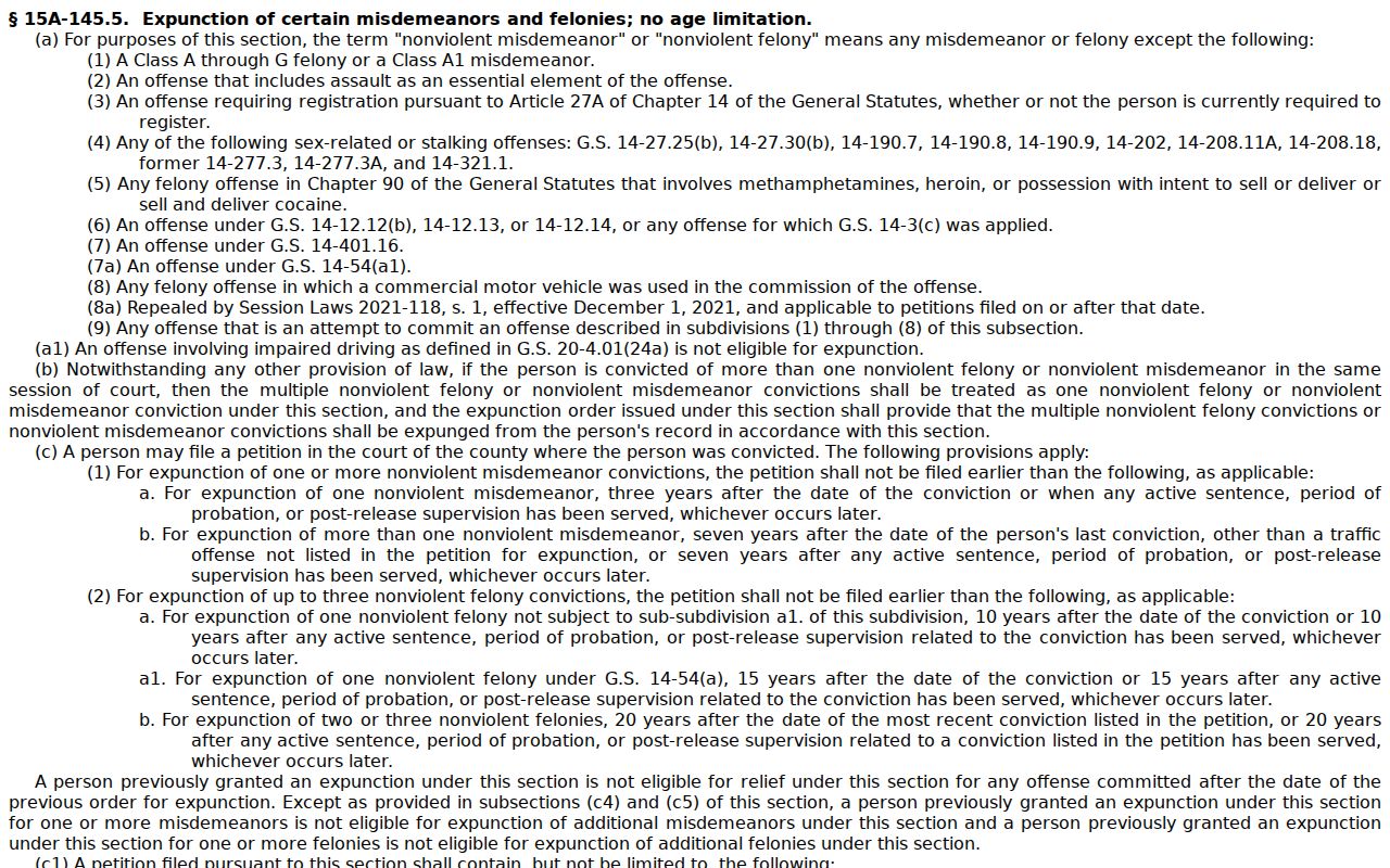 Craven County criminal docket expunction statute reference
