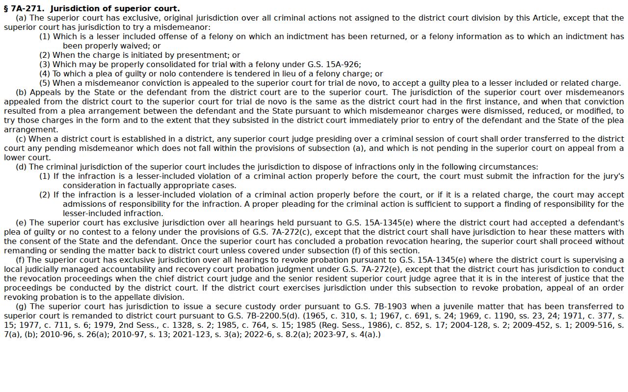 Craven County criminal docket Superior Court jurisdiction statute