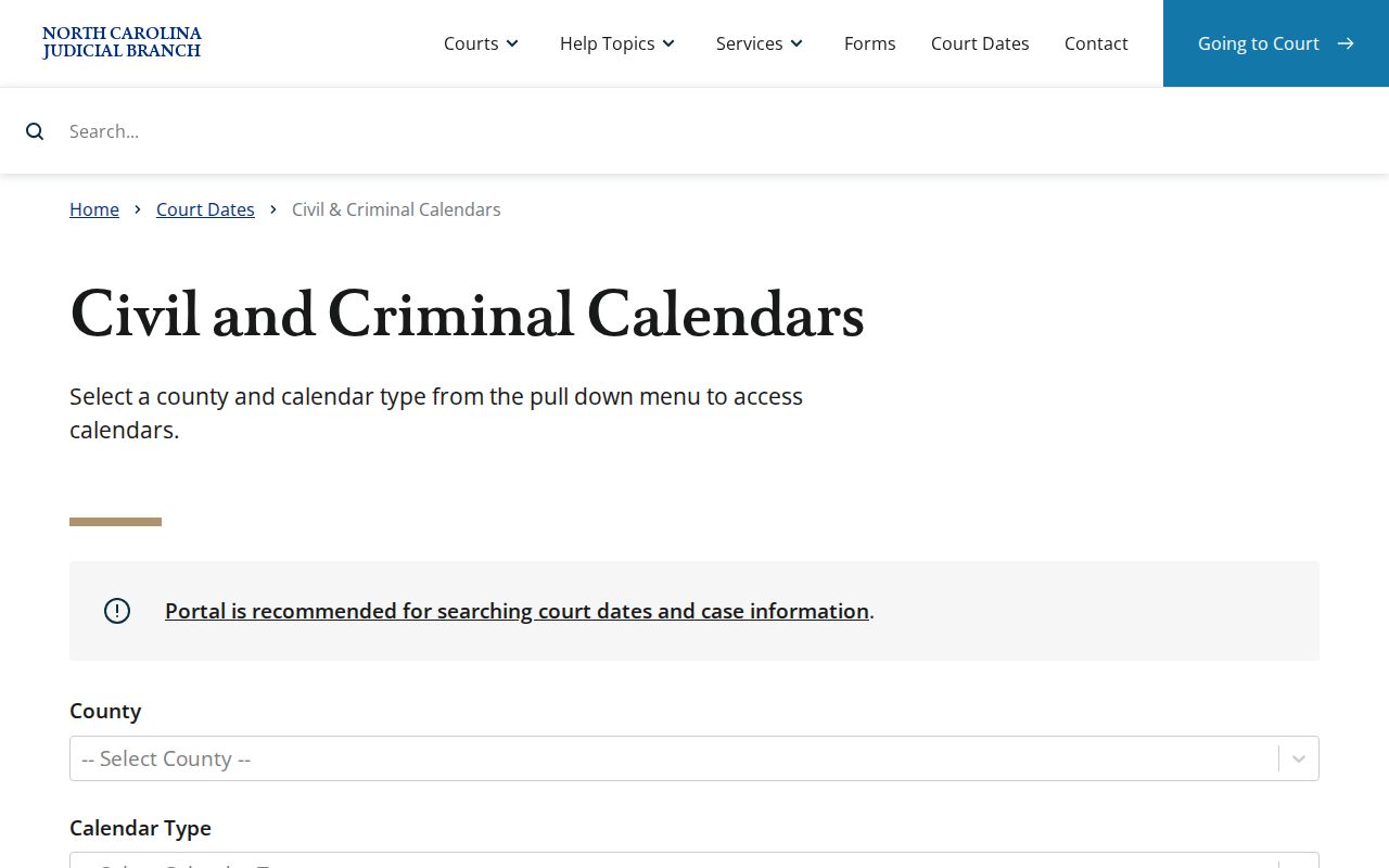 Craven County court docket calendar search interface